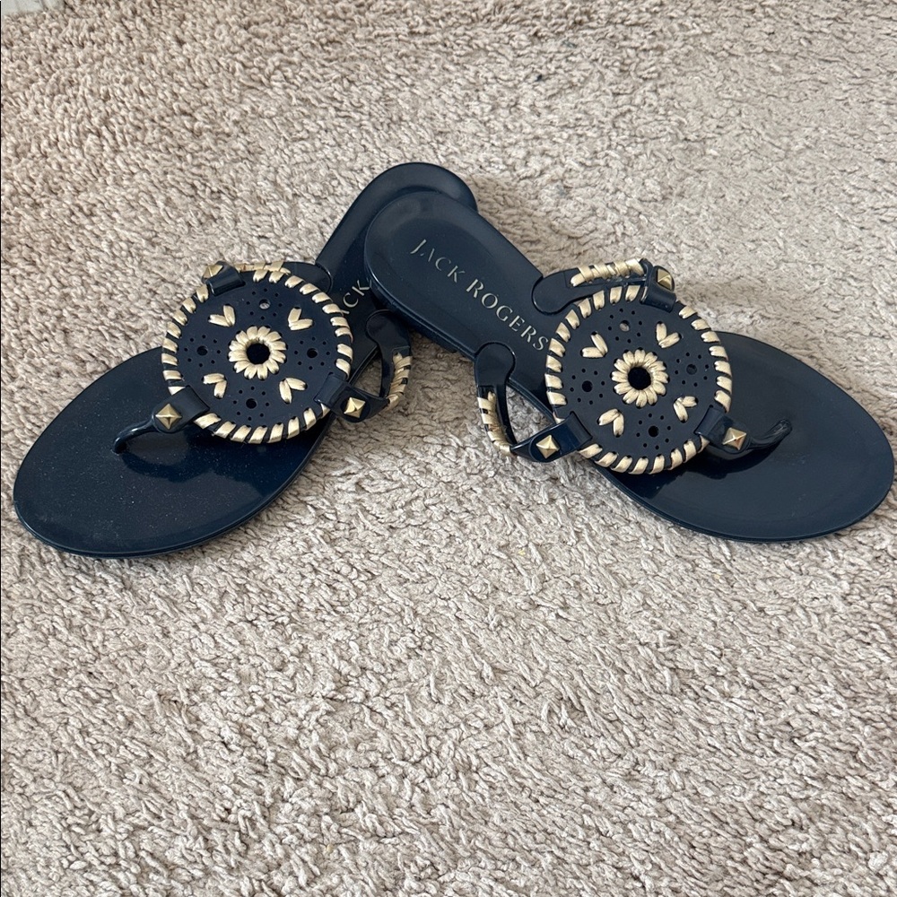 Jack Rogers Navy Blue Sandals with Gold-Tone Round Medallions